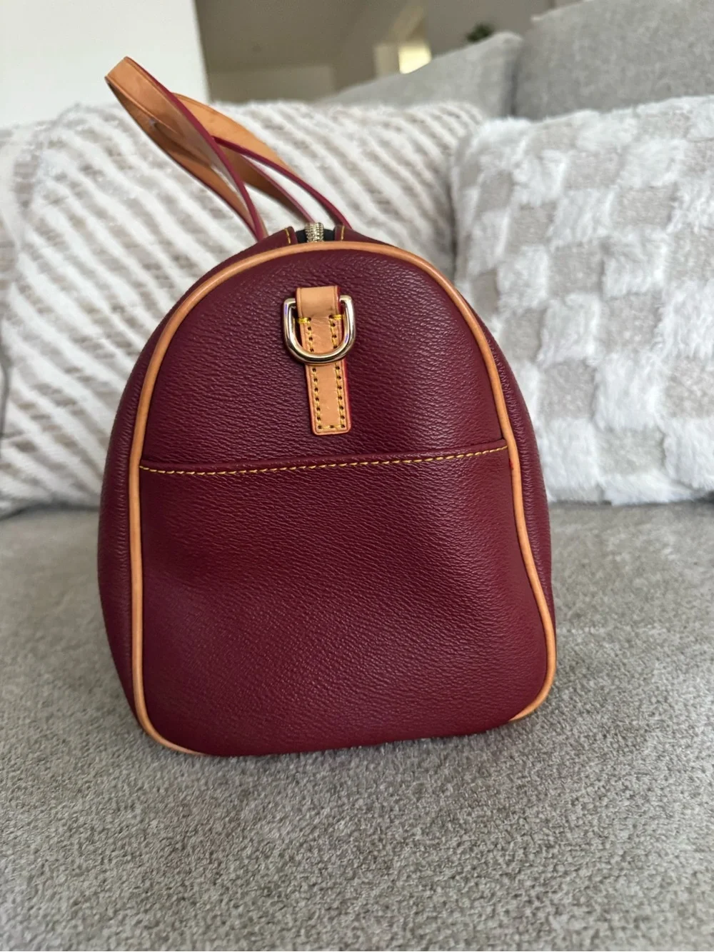 Dooney & Bourke Olivia Wine Leather Satchel with Tan Handles - Picture 5 of 13